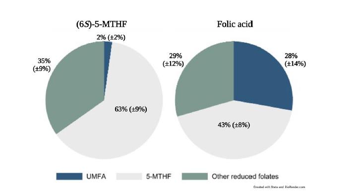 Pozor! Štúdia vo Scientific Reports potvrdzuje, že keď dojčiace ženy dopĺňajú kyselinu listovú, 28 % folátu v ich mlieku tvorí nevyužiteľná nemetabolizovaná kyselina listová (UMFA) – 14-krát viac ako u matiek, ktoré užívajú bioaktívnu formu.